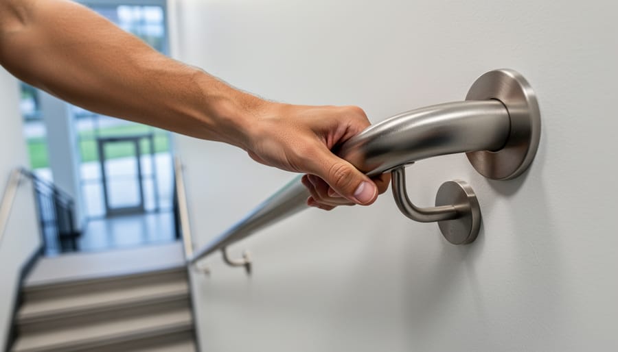 Close-up of person's hand properly gripping deck stair handrail