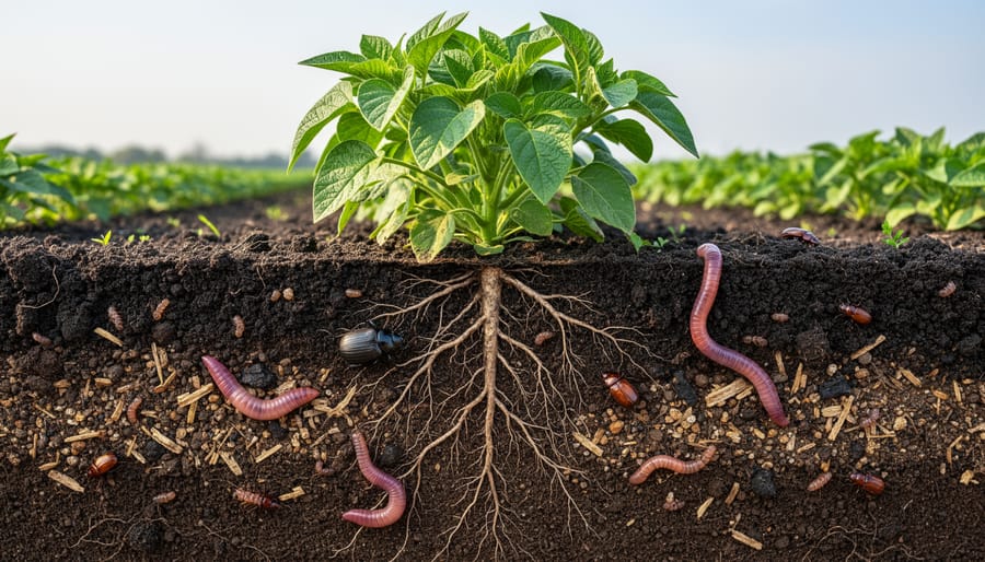 Close-up of farmer's hands holding nutrient-rich dark soil with visible roots and organic matter