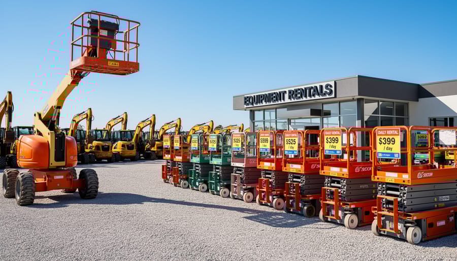 Construction excavator and scissor lift at equipment rental facility