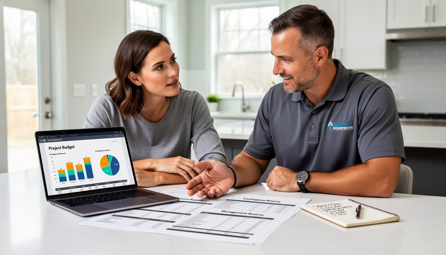Homeowner and contractor reviewing project budget documents at table with construction materials