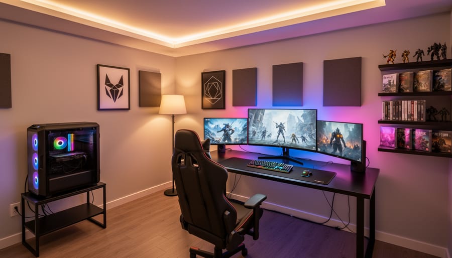 Modern gaming room with multi-monitor setup and ambient LED lighting showing spatial depth