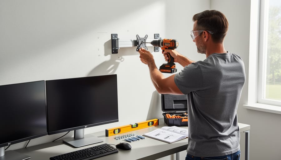 Person wearing safety goggles using power drill to install monitor mount on wall