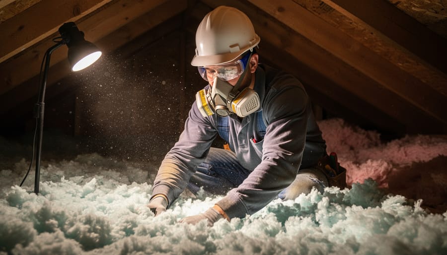 Construction worker wearing complete safety gear including respirator while installing attic insulation
