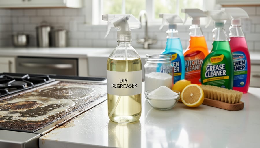 Hands in yellow gloves using homemade spray cleaner on kitchen stovetop