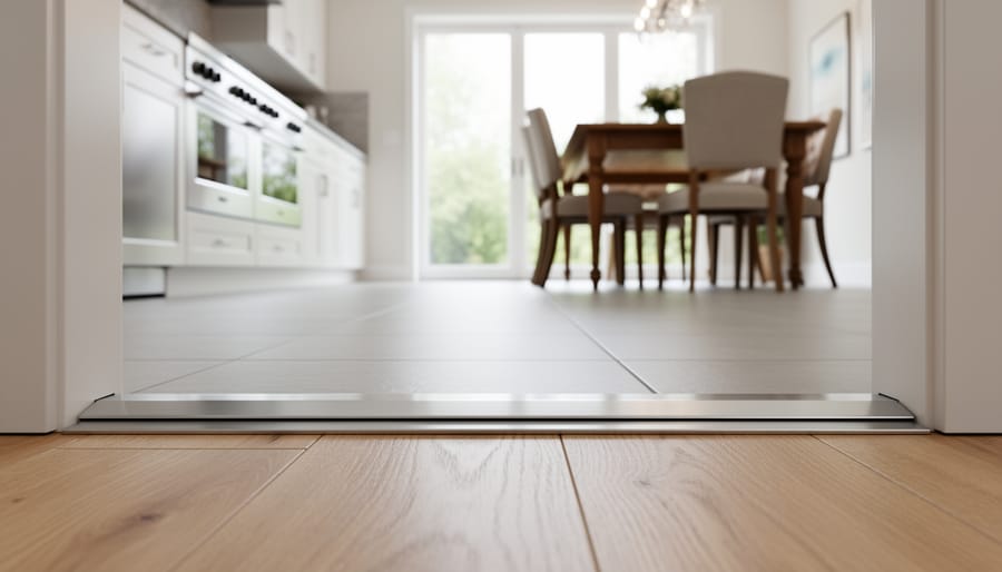 Z-bar transition strip connecting kitchen tile to dining room hardwood flooring