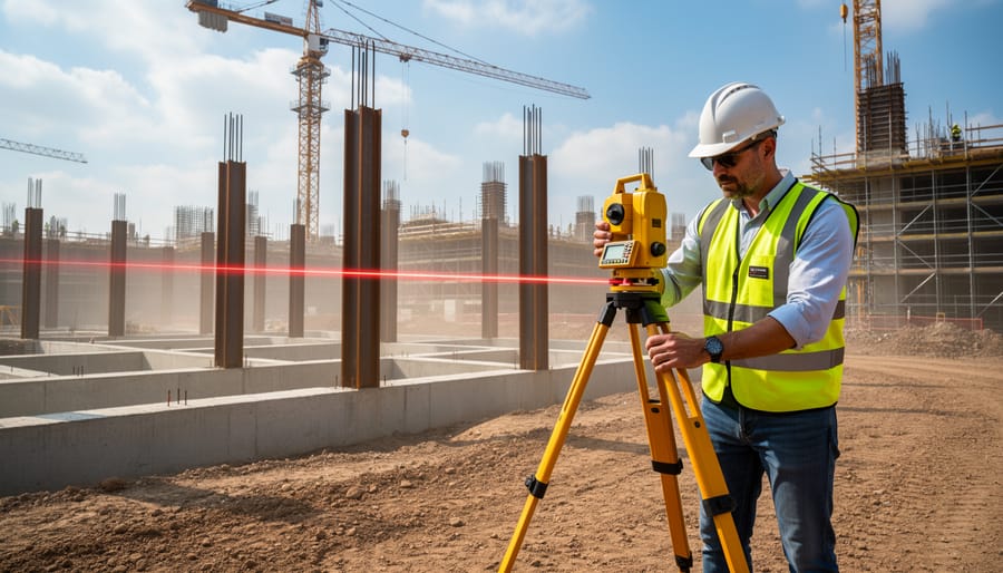 Close-up of rotating laser level mounted on tripod showing precision controls