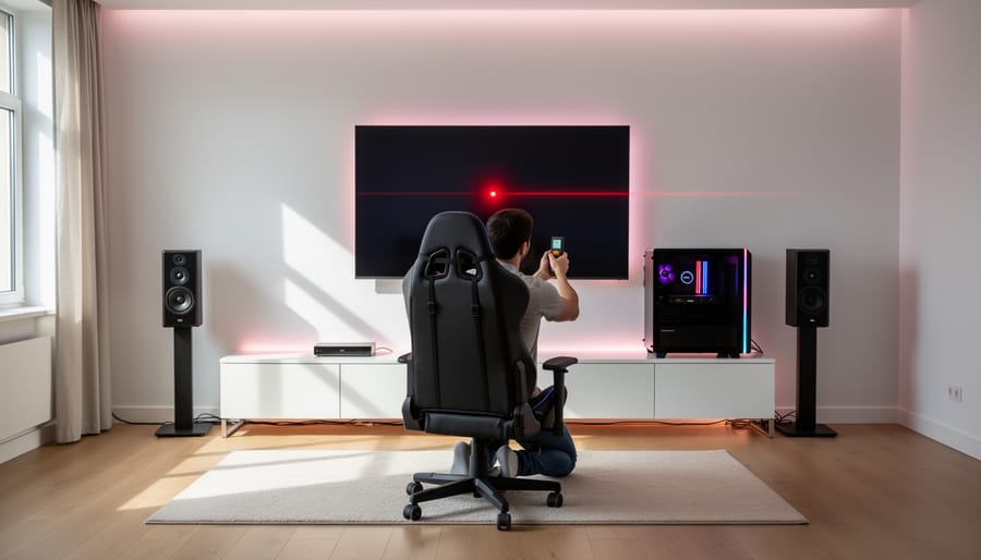 Person using laser distance measuring tool to plan gaming room layout