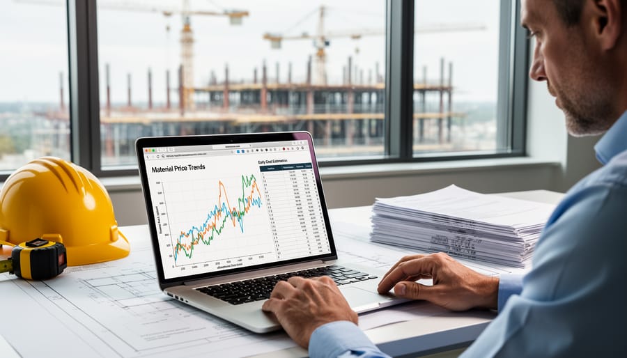 Construction budget planning materials including receipts, calculator, and blueprints