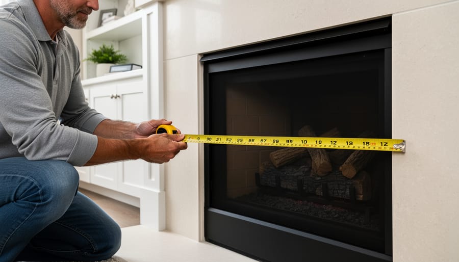 Person measuring fireplace opening width with metal measuring tape