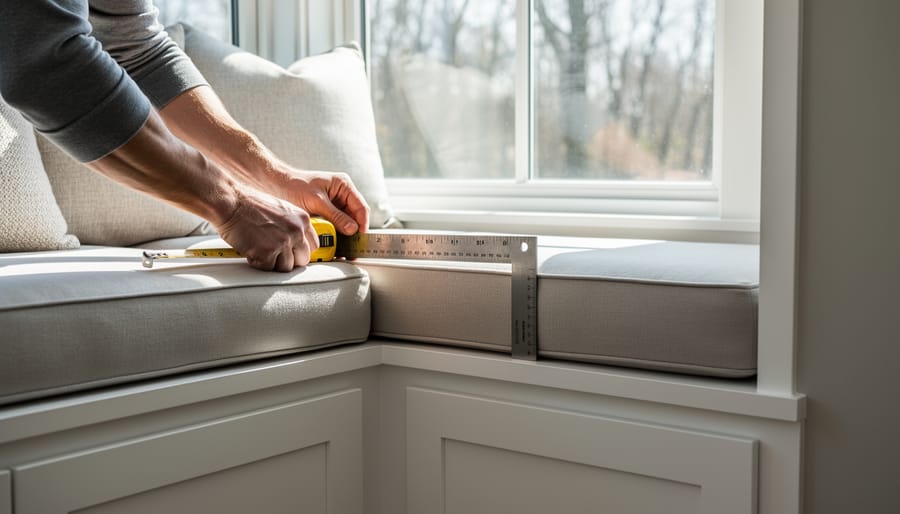 Person measuring window frame above window seat with measuring tape