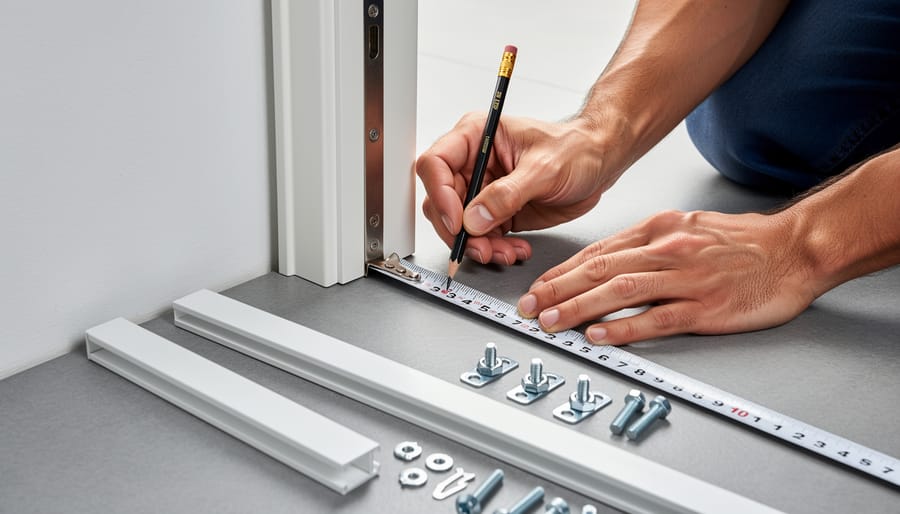 Hands measuring and marking Z-bar transition strip for installation