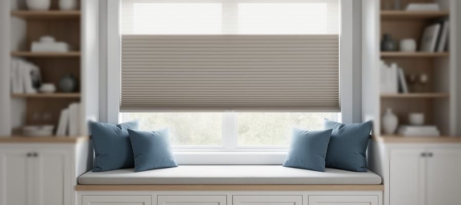 Modern built-in window seat with light oak bench and muted blue cushions, featuring a top-down bottom-up cellular shade lowered from the top to maintain privacy while keeping the seat clear, in soft natural daylight with clean white trim.