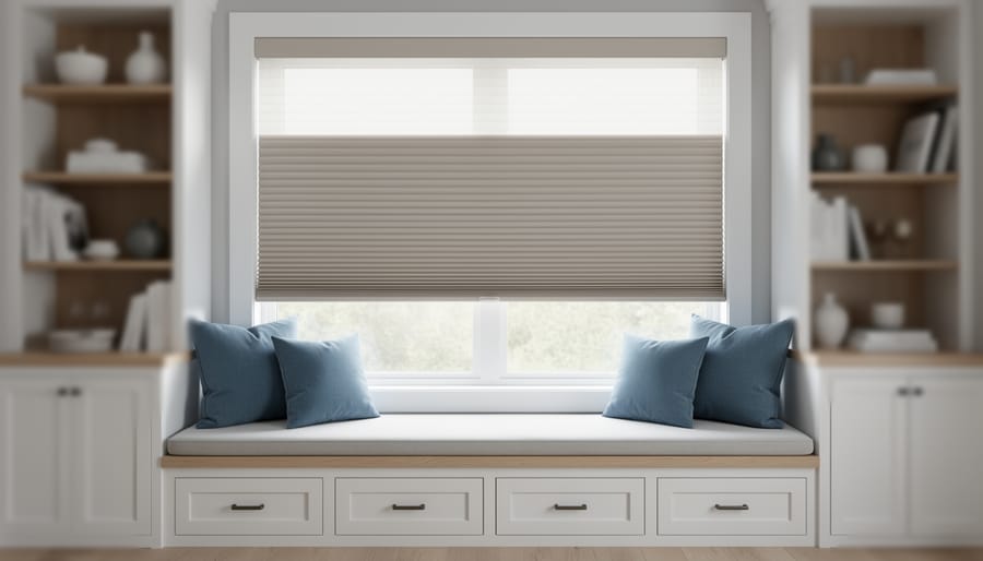 Modern built-in window seat with light oak bench and muted blue cushions, featuring a top-down bottom-up cellular shade lowered from the top to maintain privacy while keeping the seat clear, in soft natural daylight with clean white trim.