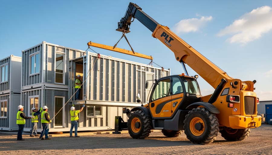 Telehandler forklift positioning prefabricated modular unit at construction site