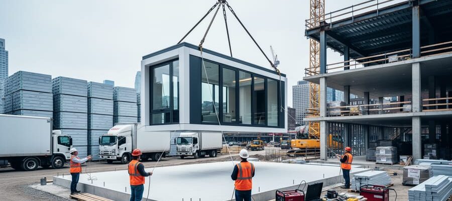 Crane lifting a factory-built modular room onto a site foundation while two workers in safety vests guide alignment, with stacked wall panels, trucks, and a partially assembled building in the background under bright overcast light.