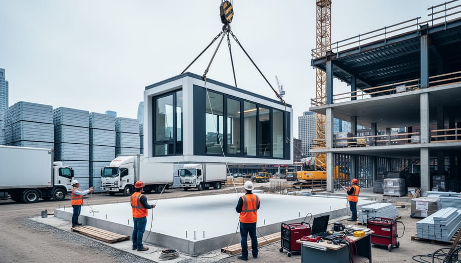 Crane lifting a factory-built modular room onto a site foundation while two workers in safety vests guide alignment, with stacked wall panels, trucks, and a partially assembled building in the background under bright overcast light.