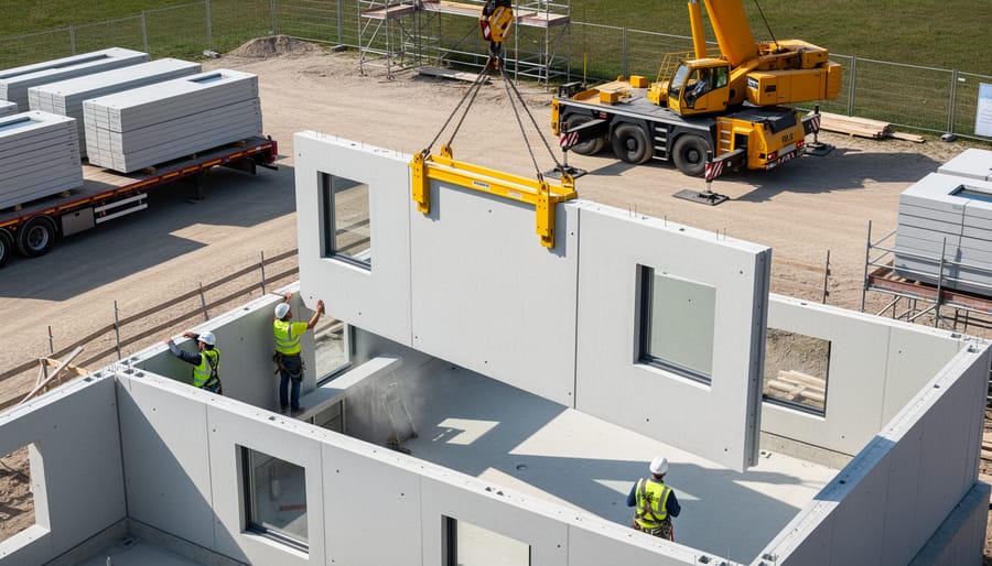 Mobile crane lifting large prefabricated wall panel at construction site