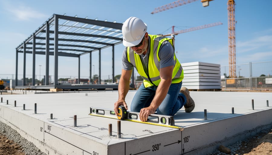 Overhead view of construction site foundation with precise measurements and leveling equipment