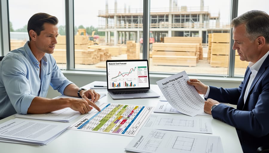 Contractor planning material orders and delivery schedules on calendar