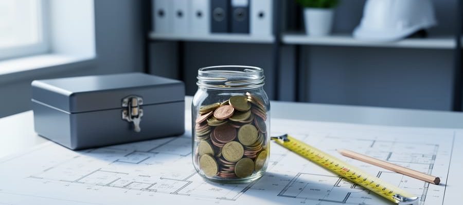 Open glass jar of coins on architectural blueprints with pencil and tape measure, locked metal cash box behind on a modern office desk in soft daylight, shallow focus, symbolizing contingency reserve vs management reserve.