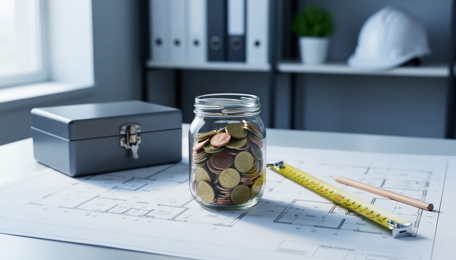 Open glass jar of coins on architectural blueprints with pencil and tape measure, locked metal cash box behind on a modern office desk in soft daylight, shallow focus, symbolizing contingency reserve vs management reserve.