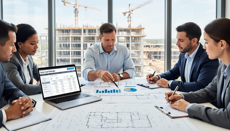 Project manager calculating costs with blueprints and calculator on desk