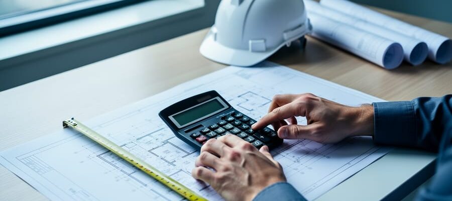 Hands of a construction project manager pressing a calculator on top of blueprints, with measuring tape, scale ruler, and laptop on the desk; hardhat and rolled plans blurred in the background under soft window light.