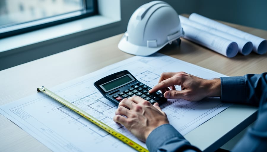 Hands of a construction project manager pressing a calculator on top of blueprints, with measuring tape, scale ruler, and laptop on the desk; hardhat and rolled plans blurred in the background under soft window light.