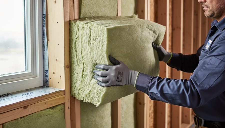 Hands installing fiberglass batt insulation properly between wall studs without gaps