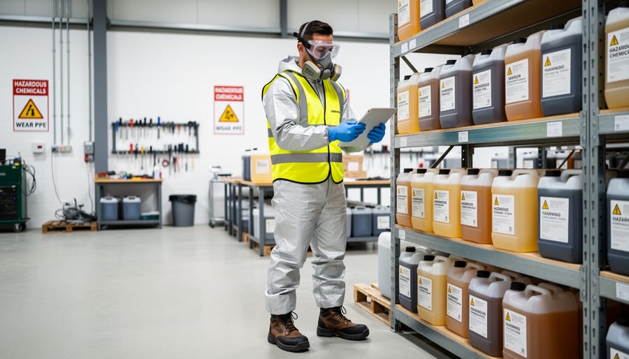 Construction worker wearing respirator and safety gear while handling building materials