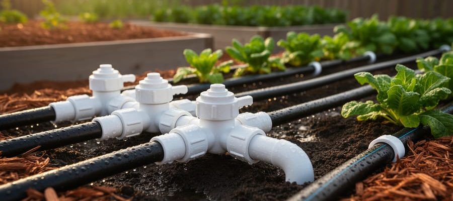 White PVC watering manifold with perforated pipes delivering gentle streams to raised vegetable beds, sunlit foliage and a wooden fence softly blurred in the background.