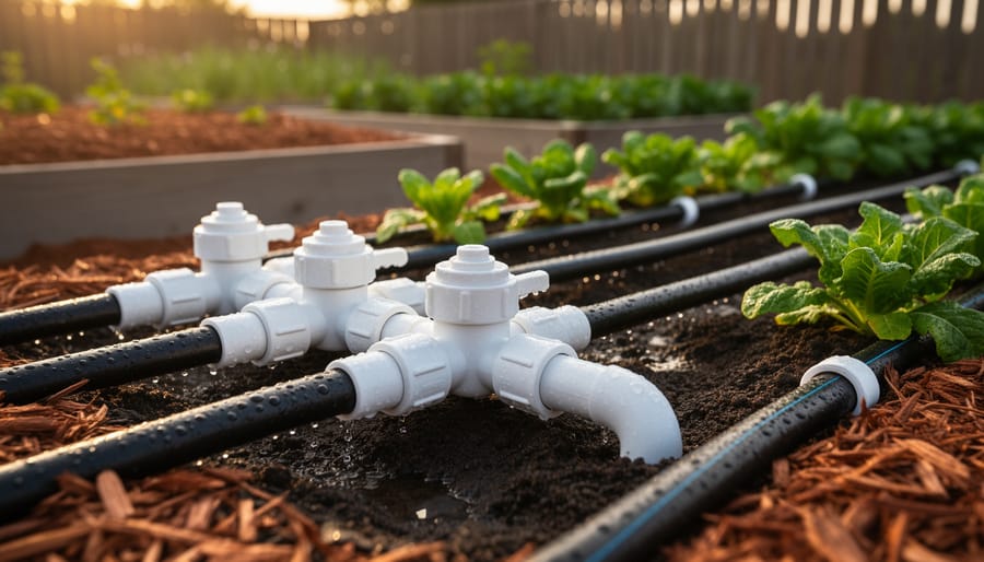 White PVC watering manifold with perforated pipes delivering gentle streams to raised vegetable beds, sunlit foliage and a wooden fence softly blurred in the background.