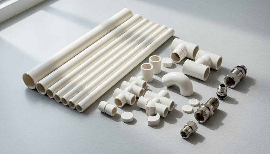 Assorted PVC pipes, elbows, T-joints and fittings arranged on wooden workbench