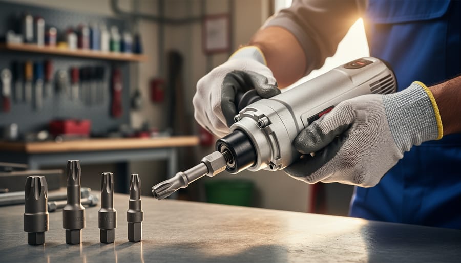 Close-up of hands changing smart module attachment on power tool base unit