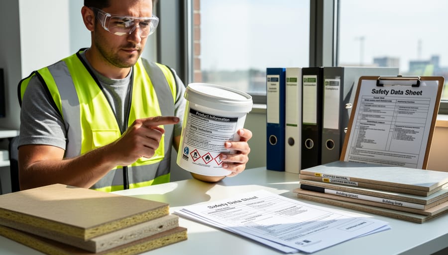 Construction worker's hands holding paint can while reading product compliance label