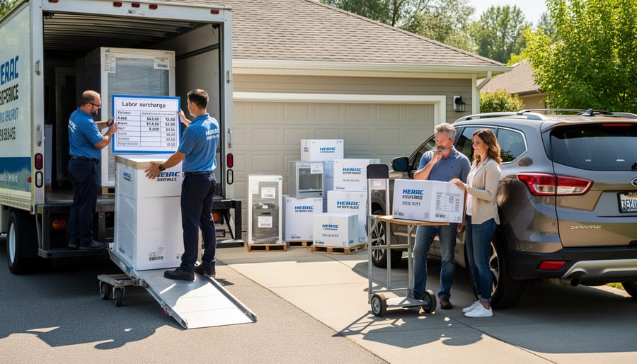 Equipment rental delivery truck being loaded with power tools and machinery