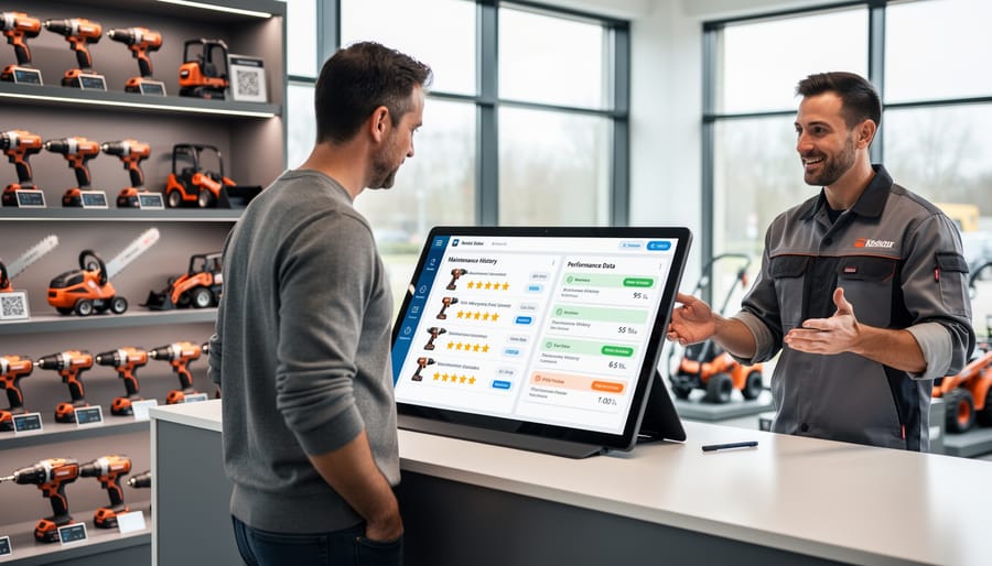Construction worker selecting tools from organized rental shop display