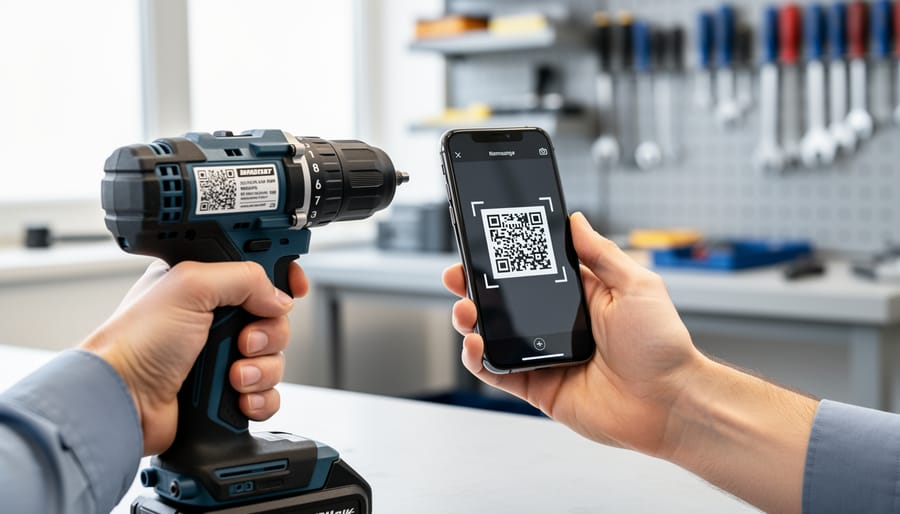 Hand holding smartphone scanning QR code on power drill in workshop