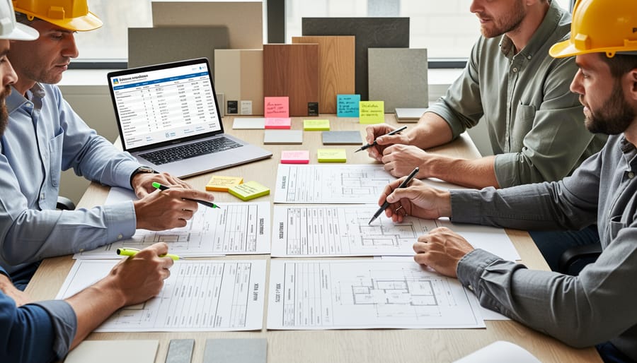 Homeowner and contractor reviewing construction plans and materials at job site