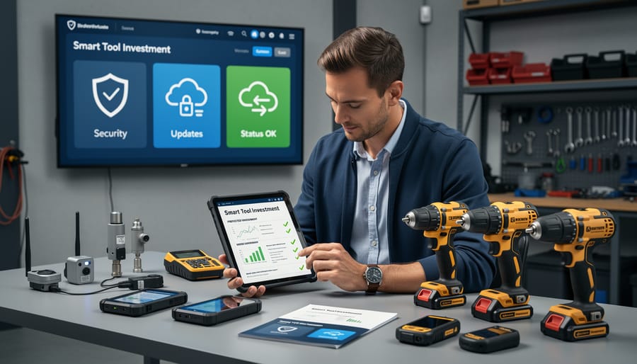 Professionals evaluating smart tools with security certifications in workshop environment