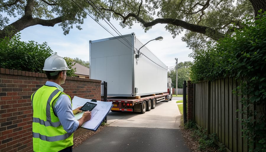 Narrow residential driveway with overhead branches and power lines showing access constraints