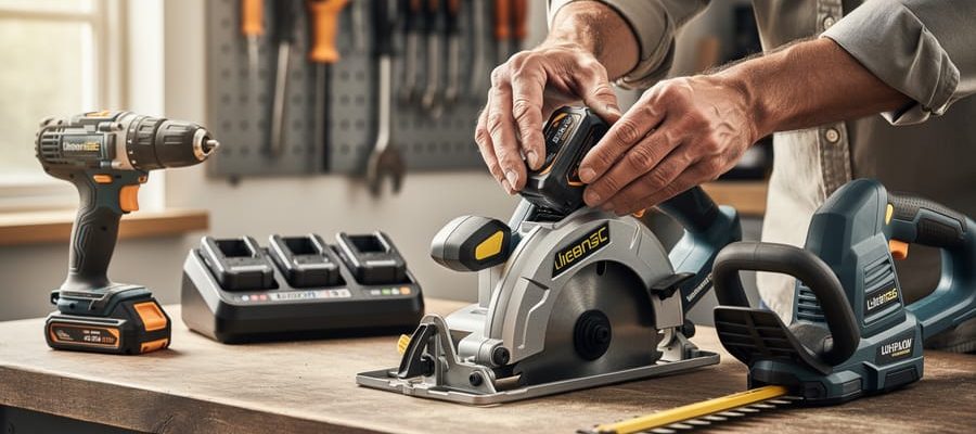 Close-up at eye level of hands inserting a shared lithium battery pack into a cordless circular saw on a workbench, with a compatible drill and hedge trimmer nearby and a blurred multi-bay charger and tool rack in the background.