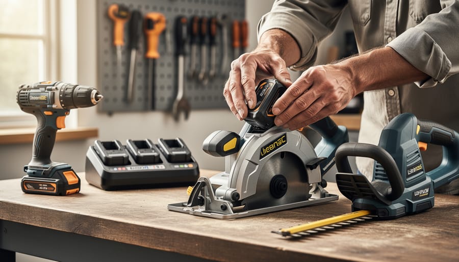 Close-up at eye level of hands inserting a shared lithium battery pack into a cordless circular saw on a workbench, with a compatible drill and hedge trimmer nearby and a blurred multi-bay charger and tool rack in the background.