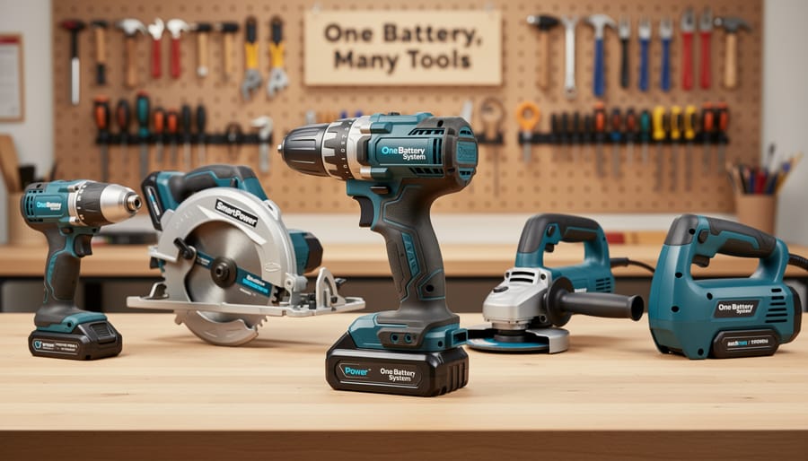 Cordless power tools with interchangeable smart batteries on workshop bench