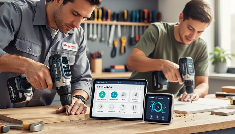 Carpenter using smart sanding module on wooden furniture in professional workshop