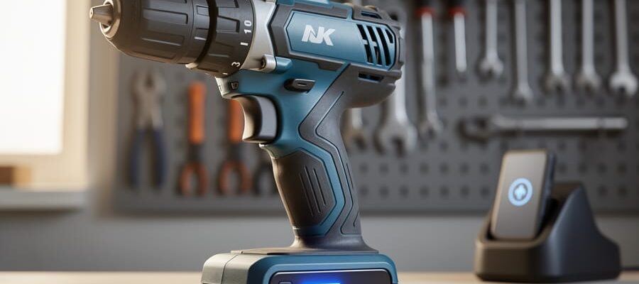 Close-up three-quarter view of an unbranded cordless drill with modular battery and subtle blue LED indicator, shot in diffused workshop light with blurred pegboard tools and charging dock in the background
