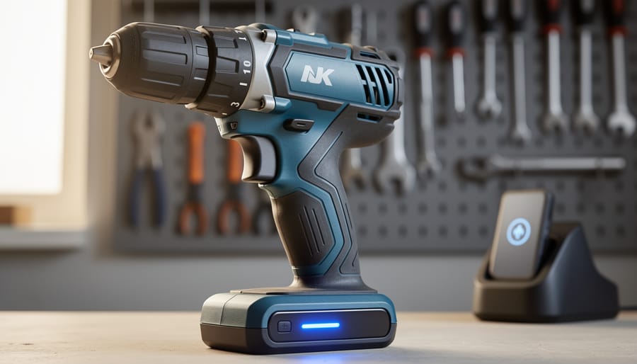 Close-up three-quarter view of an unbranded cordless drill with modular battery and subtle blue LED indicator, shot in diffused workshop light with blurred pegboard tools and charging dock in the background