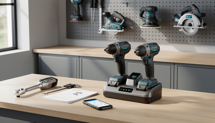 Modern cordless power drill with digital display and wireless connectivity indicators