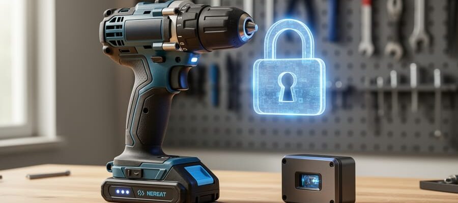 Smart cordless drill and compact laser level on a wooden workbench under soft side lighting, with a faint translucent padlock graphic suggesting firmware security, and a blurred pegboard of tools in the background.