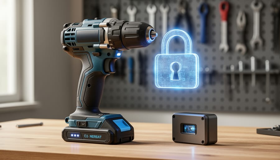 Smart cordless drill and compact laser level on a wooden workbench under soft side lighting, with a faint translucent padlock graphic suggesting firmware security, and a blurred pegboard of tools in the background.